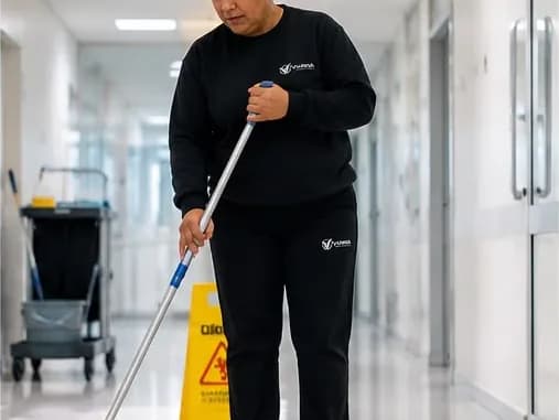 Profissional da Vianna limpando um corredor, com carrinho de limpeza ao fundo