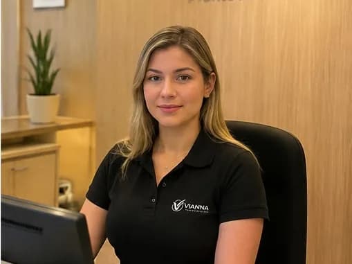 Recepcionista uniformizada da Vianna atendendo em um balcão