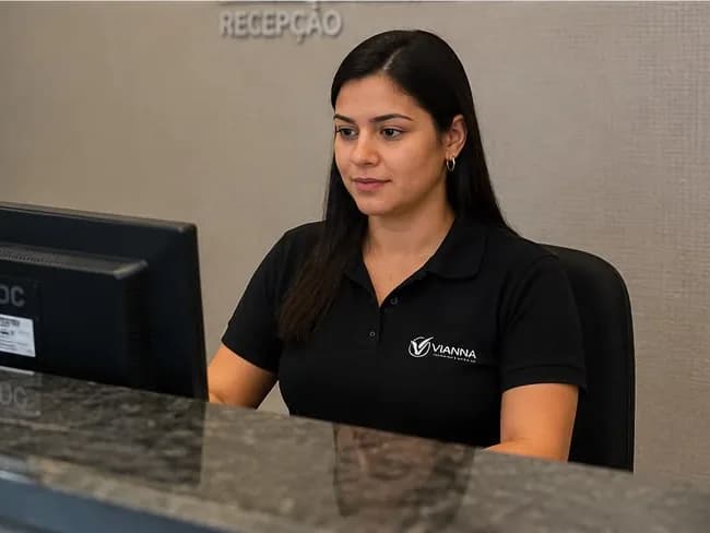 Recepcionista da Vianna no balcão de recepção de um prédio