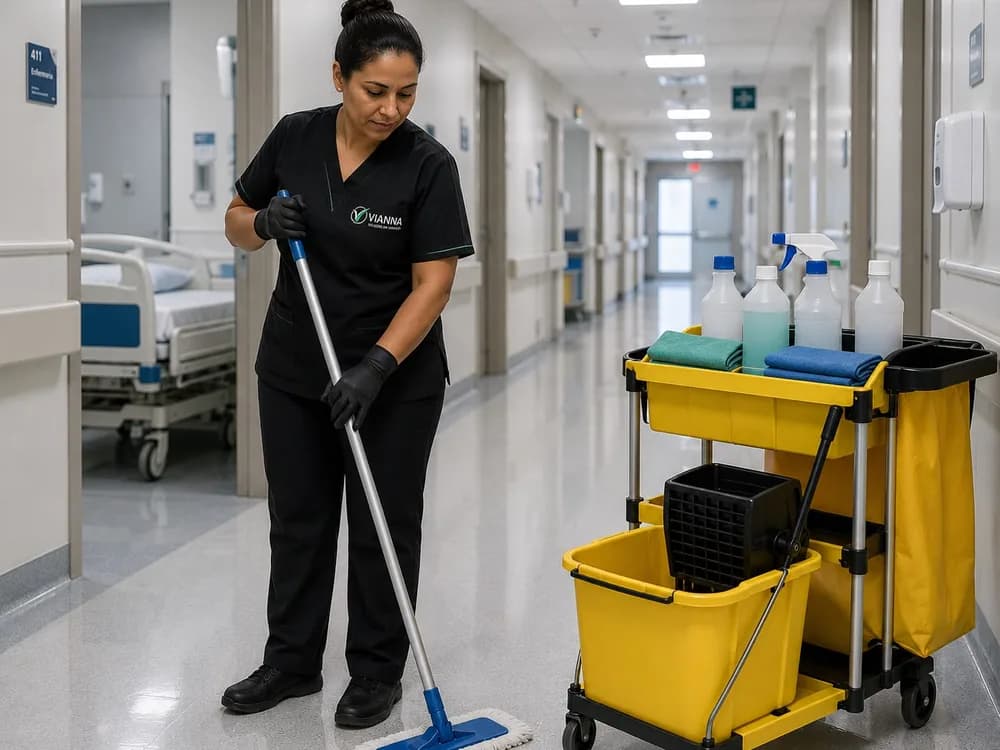 Profissional de limpeza uniformizada passando mop no corredor de uma unidade de saúde